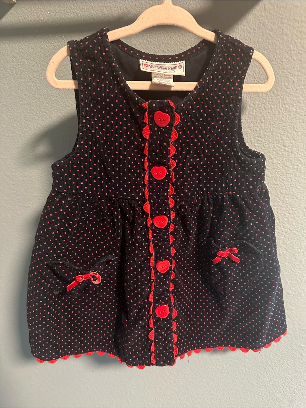 Vintage Samantha Says polka dot corduroy dress with two heart-shaped pockets